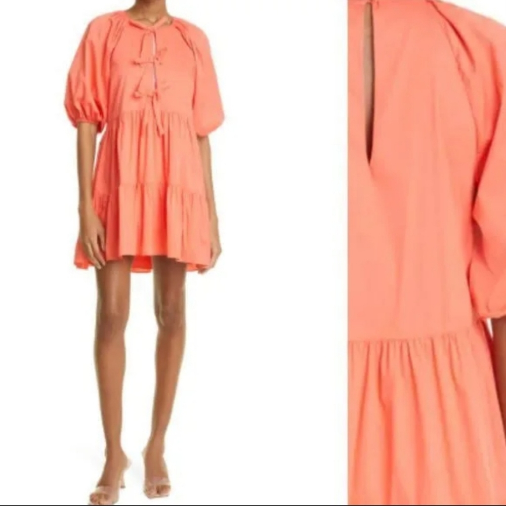 5a7 Cinq A Sept dress 2 coral red cotton babydoll mini puff sleeve bow new $325